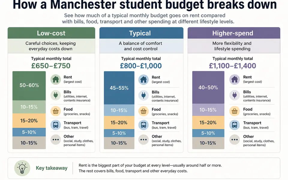 Three example Manchester student budgets shown as slices for rent, bills, food, transport and other costs.