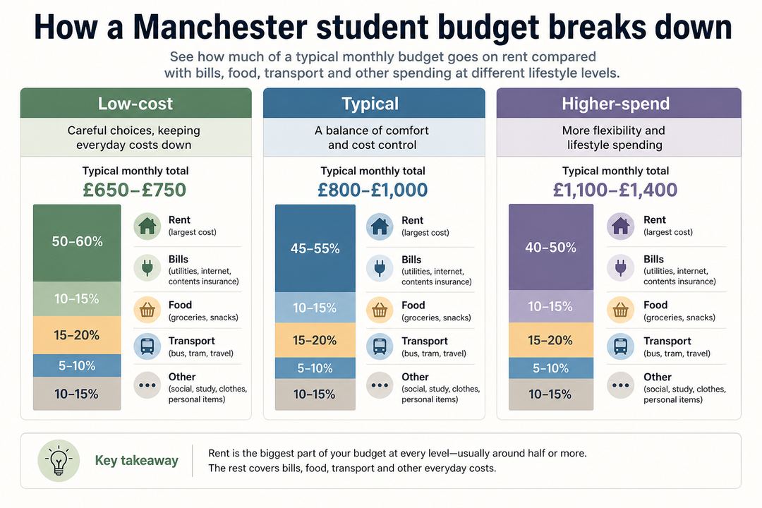 Three example Manchester student budgets shown as slices for rent, bills, food, transport and other costs.