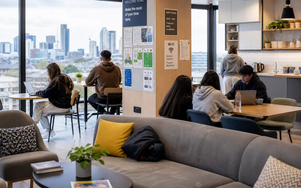 Students relaxing and studying in a modern London student accommodation common room with large windows and city views.
