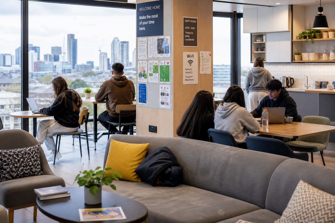 Students relaxing and studying in a modern London student accommodation common room with large windows and city views.