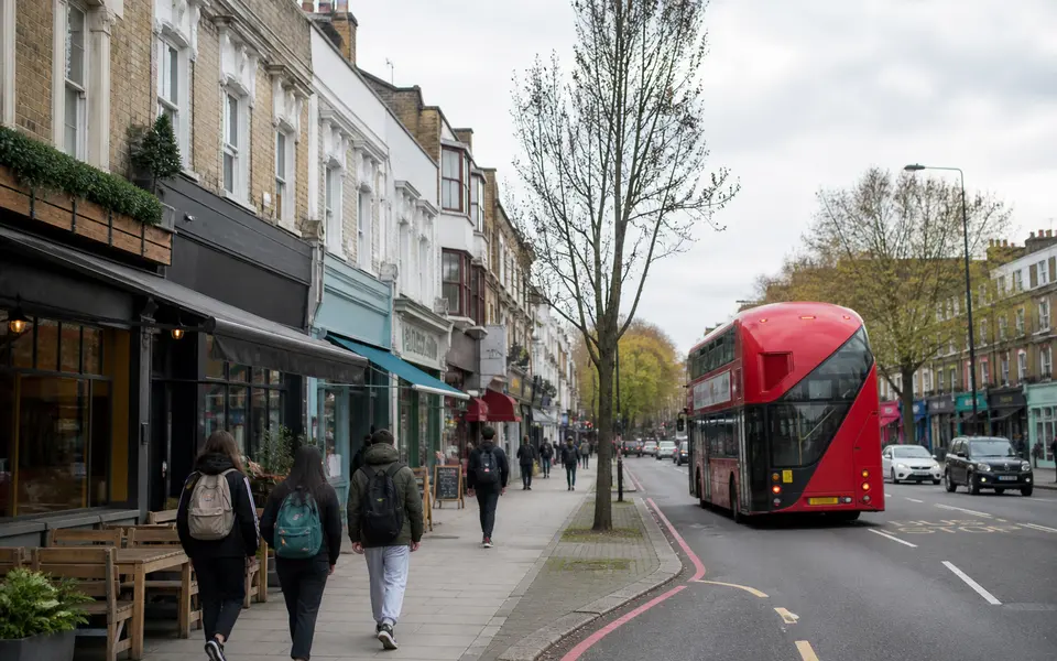 London neighbourhood street with terraced houses, small shops and a red double-decker bus, suggesting a typical student area.