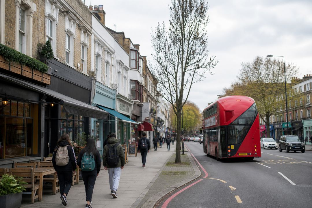 London neighbourhood street with terraced houses, small shops and a red double-decker bus, suggesting a typical student area.