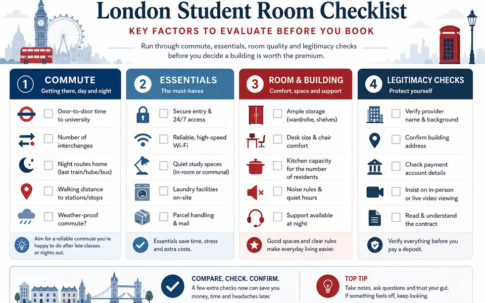Checklist graphic showing four columns labelled commute, essentials, room and building, and legitimacy checks for London student accommodation.