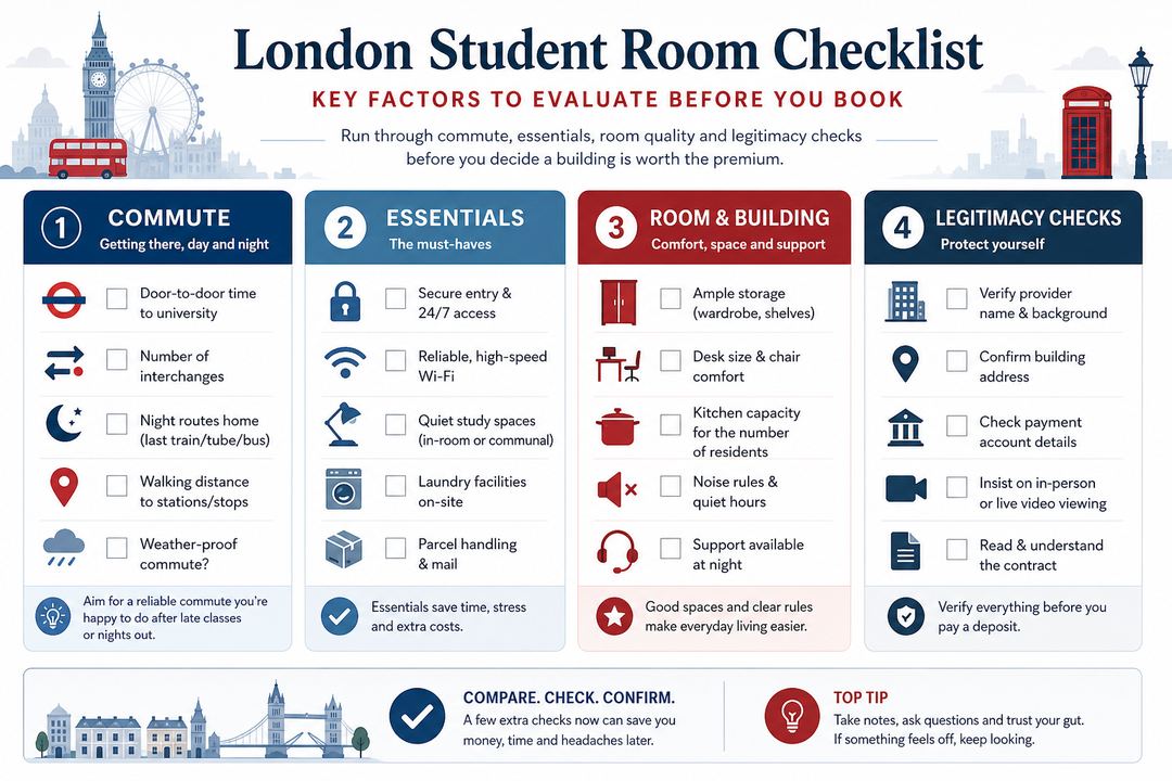 Checklist graphic showing four columns labelled commute, essentials, room and building, and legitimacy checks for London student accommodation.