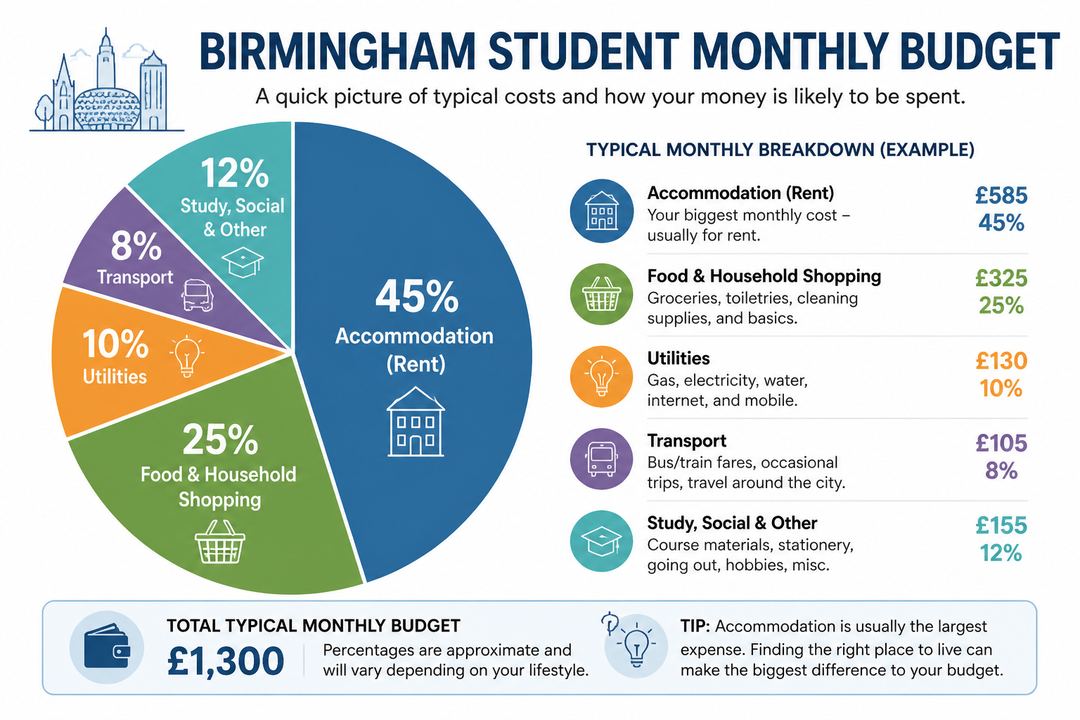 Illustrated pie chart showing a typical Birmingham student monthly budget split into rent, food, bills, transport and other costs.