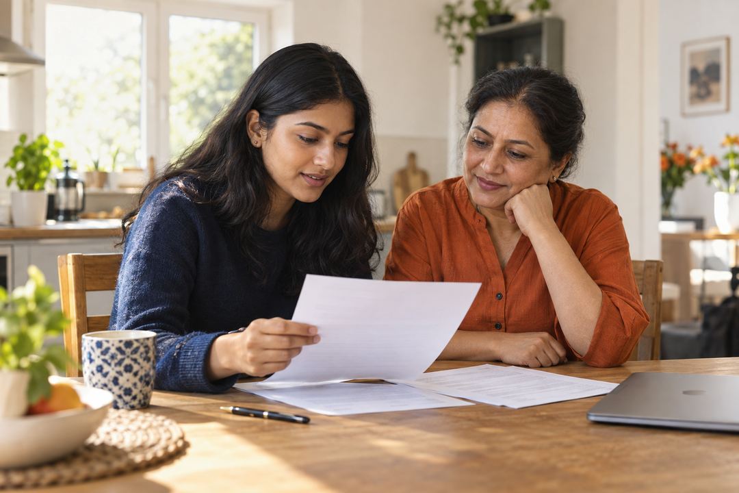 AI-created editorial scene of a student and family member reviewing accommodation paperwork.