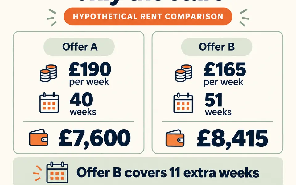 Hypothetical rent comparison: £190 for 40 weeks totals £7,600; £165 for 51 weeks totals £8,415 and covers 11 extra weeks.