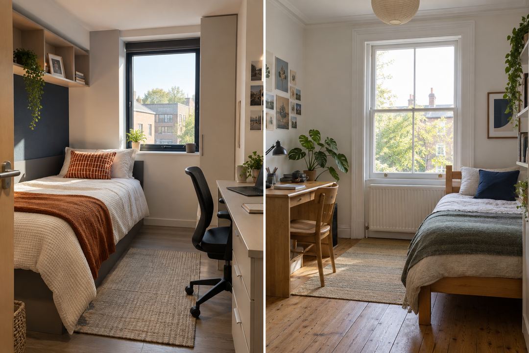 AI-created comparison of two imagined student bedrooms; neither is a listed property.