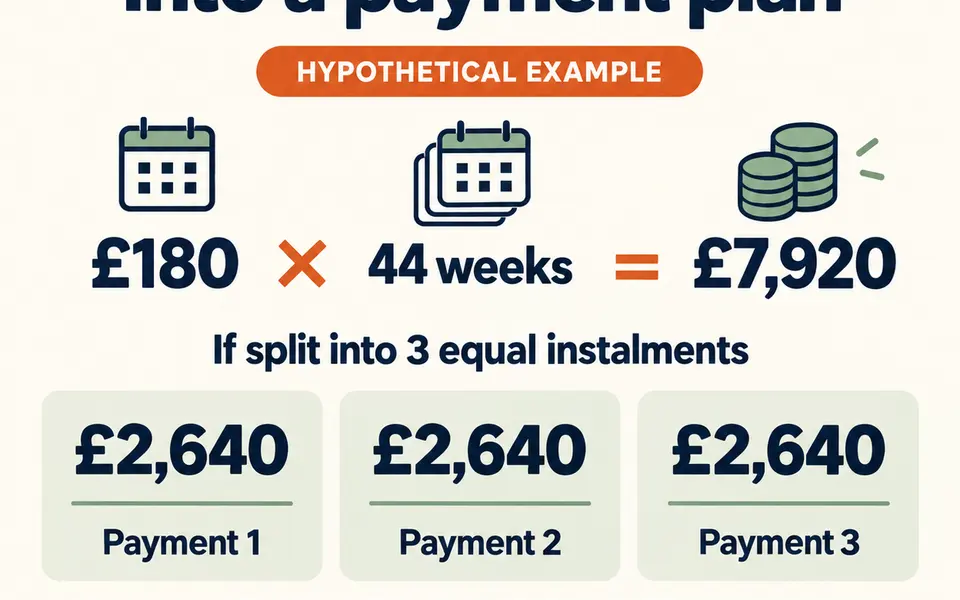 Hypothetical rent example: £180 times 44 weeks equals £7,920, or three equal instalments of £2,640; actual payment dates vary.
