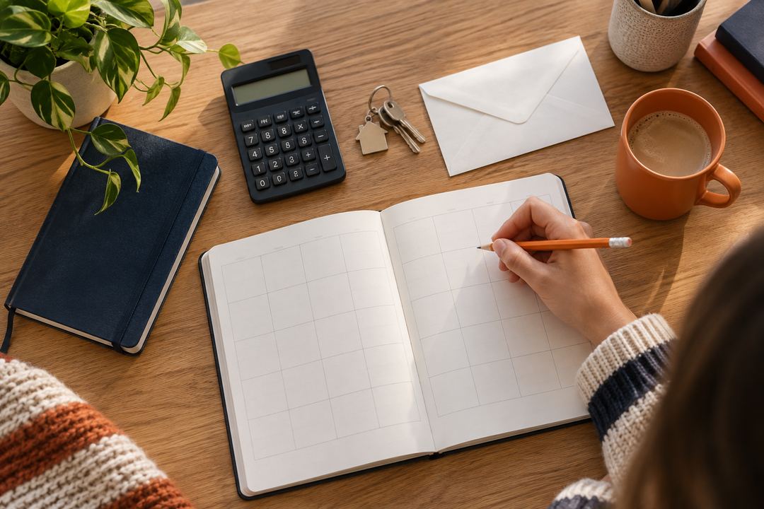 AI-created overhead scene of a calendar, calculator, notebook and keys for rent planning.