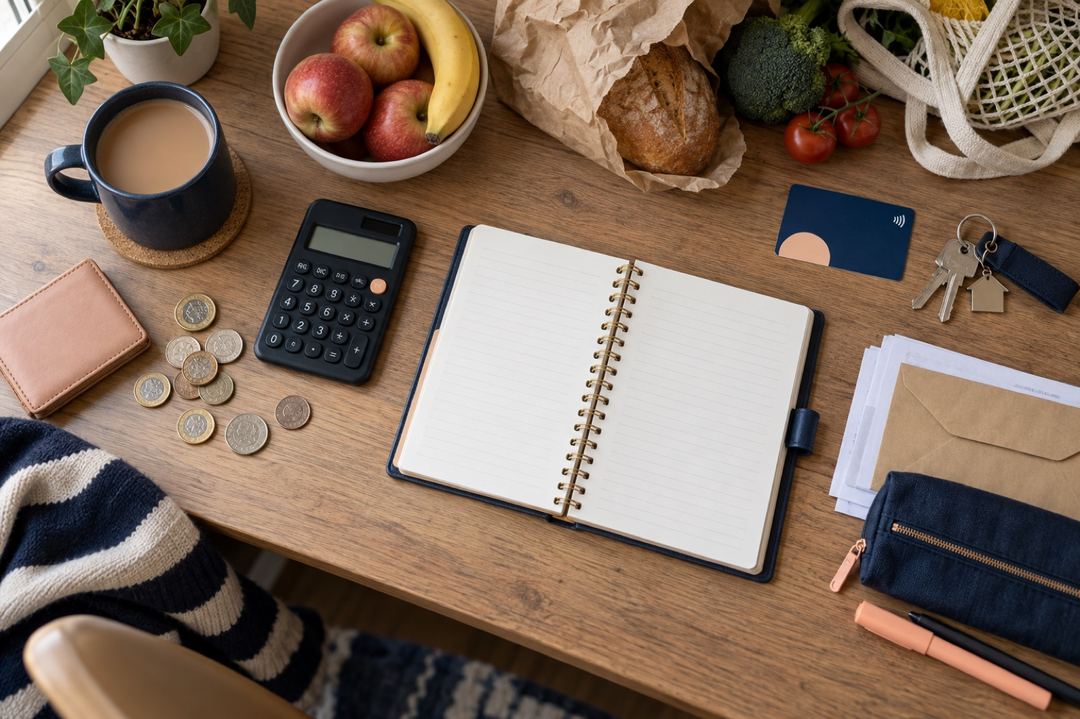 Student budgeting desk with an open planner, calculator, groceries, travel card, coins and house keys