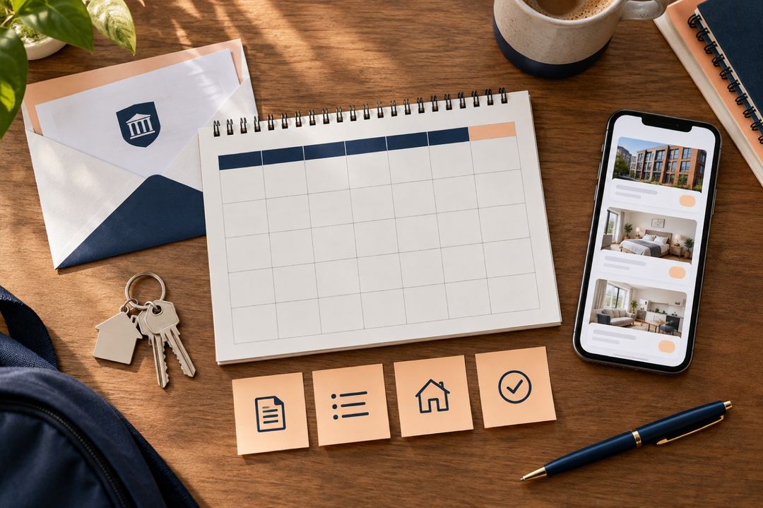 Blank calendar with house keys, student accommodation listings on a phone and simple booking-step cards